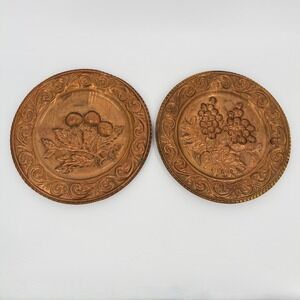 Vintage Copper Brass Fruit Wall Plates Pair Embossed Fruit Ornate Scroll Decor